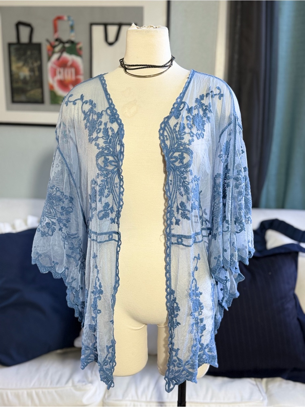 Light Blue Sheer Embroidered Kimono - Cardigan